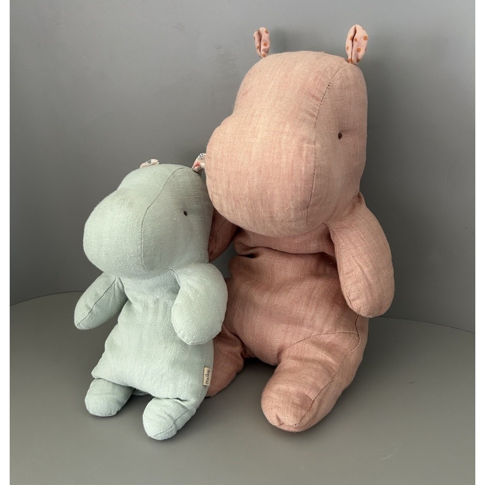 Maileg Safari Friends Hippo Linen Plush Blue & Pink Retired Stuffed Animal Lot